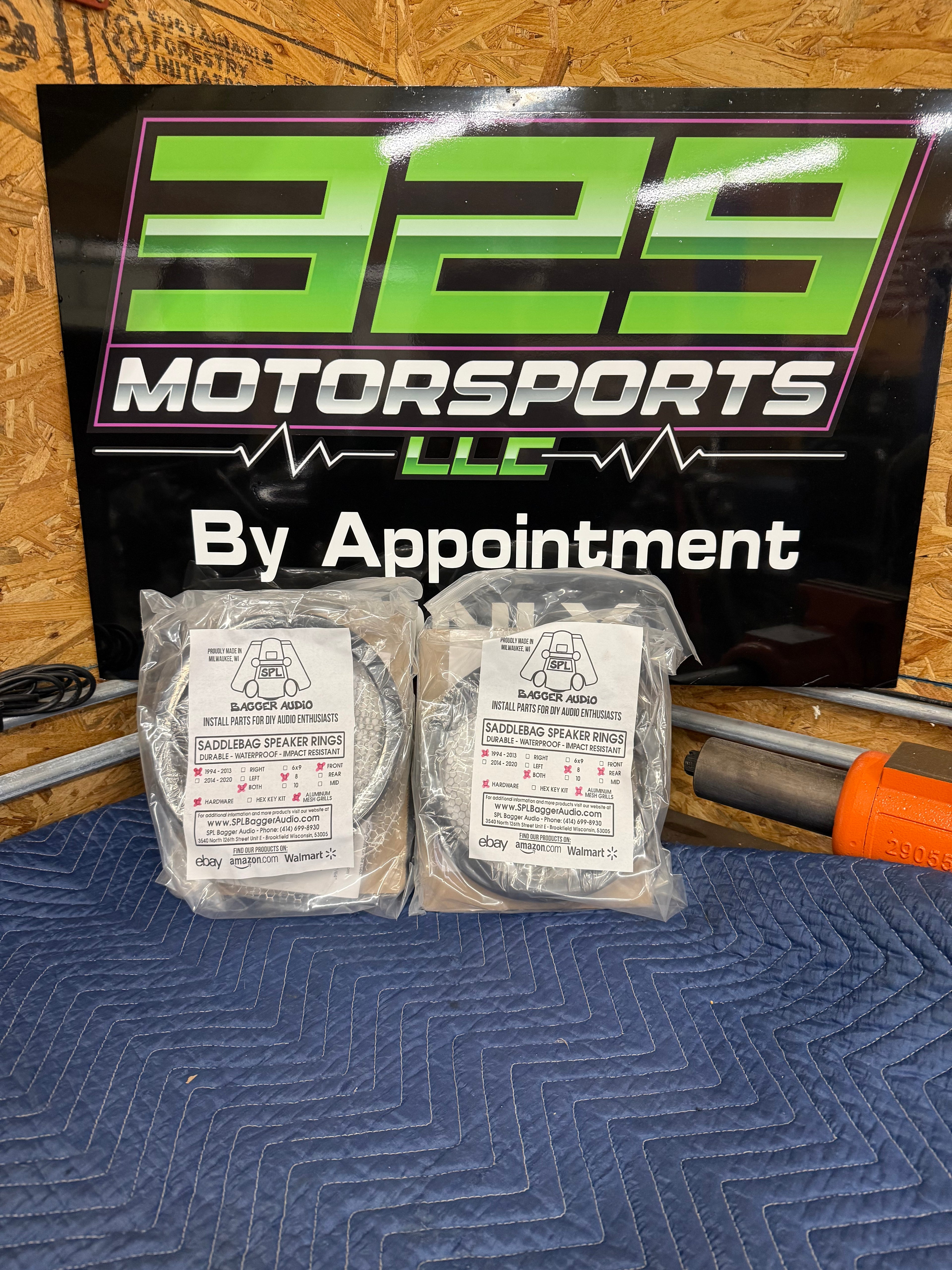 SPL Bagger dual 8” saddle bag speaker mounts with grills 13-down bags